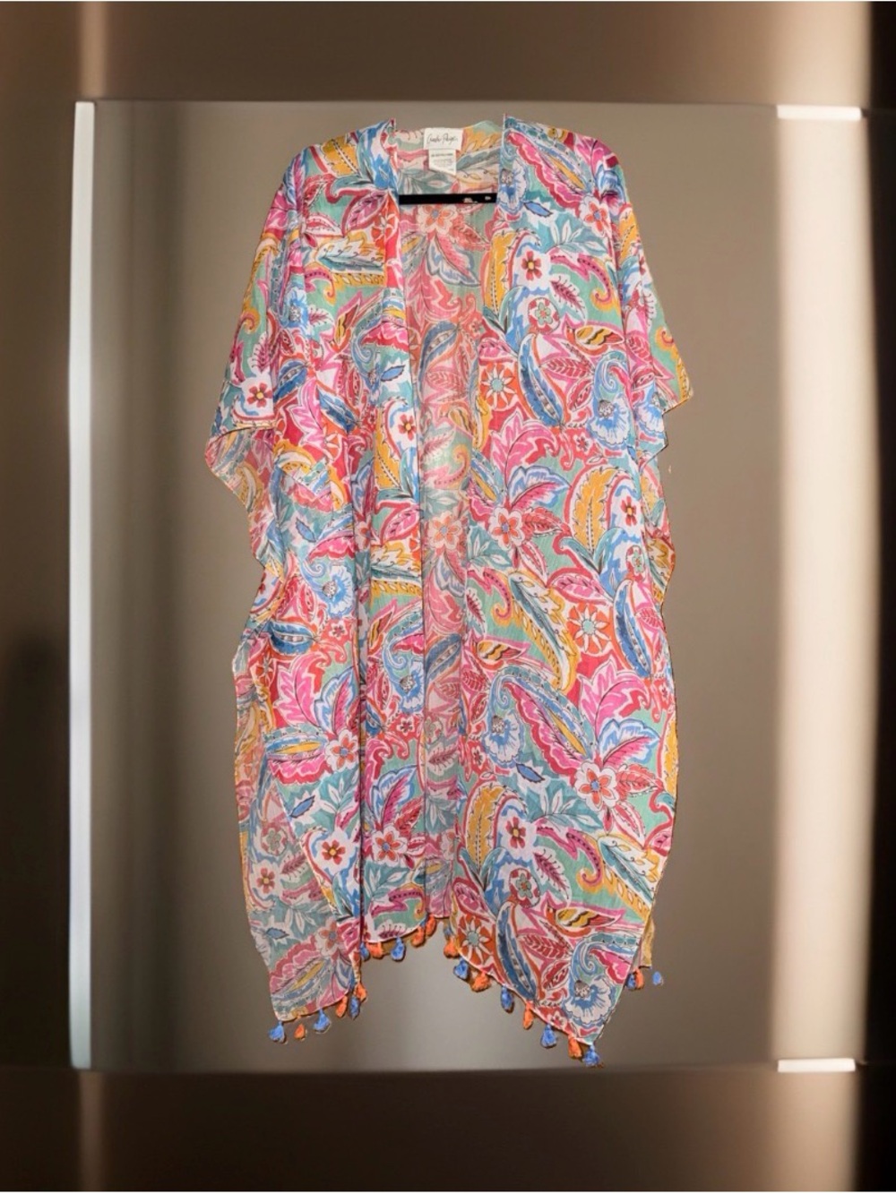 Charlie Paige Bright Paisley Kimono in Pink, Blue, Yellow w/Tassel Accents OS-EC